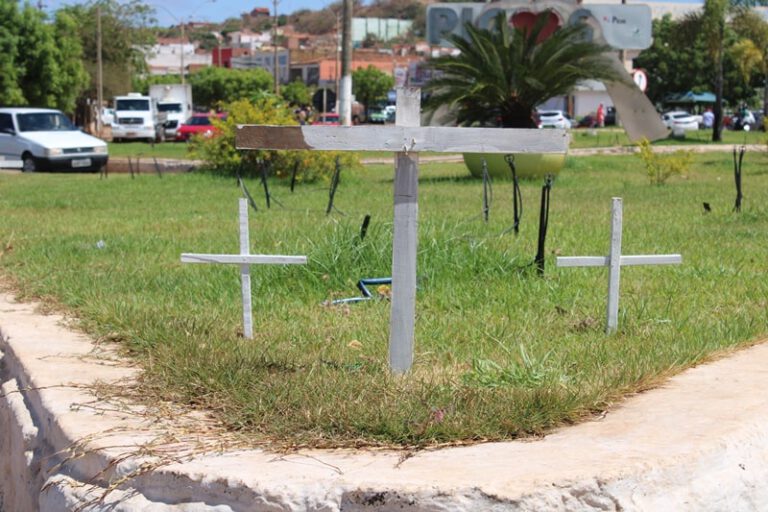 Picos: movimentos sociais fixam cruzes  em canteiro simbolizando as mortes pela Covid-19 no Brasil