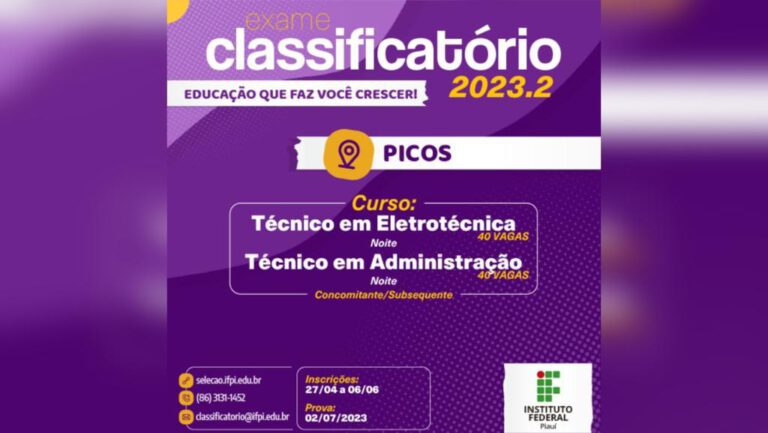 IFPI de Picos divulga vagas para cursos de Técnico em Eletrotécnica e Técnico em Administração